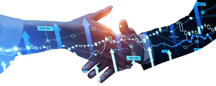 Business people handshake, forex chart and rising arrows with candlesticks - Powered by Adobe