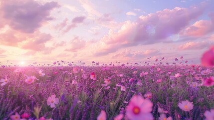 Flower Field A vast field covered in blooming wildflowers, like lavender or poppies, stretching to the horizon