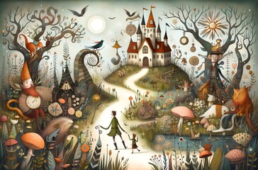 Fototapeta premium Ilustración infantil. ilustración cuento de hada, hada bosque encantado, príncipe, princesa, reino mágico, mundo de nunca jamás, fantasía, amor, magico, reimo, castillo, palacio, unicornio, caballo