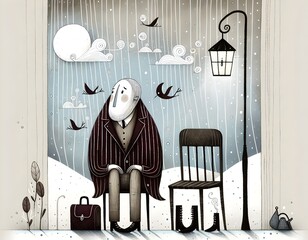 Hombre solitario, hombre pensador, minimalismo, surrealismo, arte, arte conceptual, saludo, tarjeta, ilustracion, ilustración para naipe