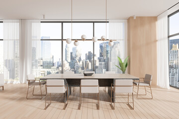 Wooden home kitchen interior with dining table and chairs, panoramic window