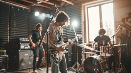 The rock band is playing and recording a song in the music studio.