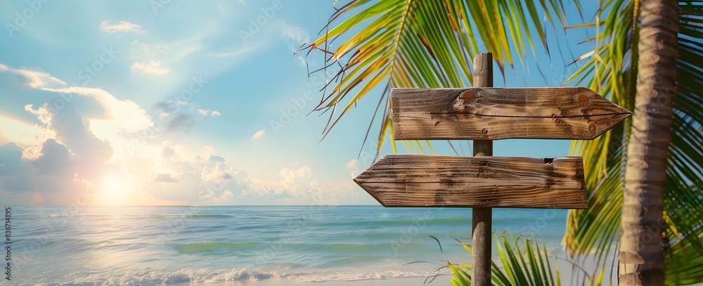 Wall mural Weathered wooden sign post on sun-drenched sandy tropical coastline