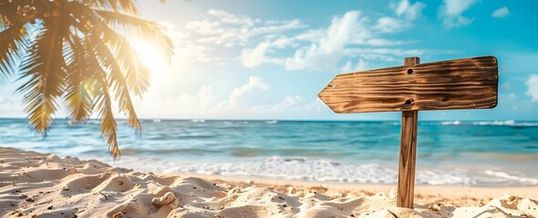 Vintage wooden signage guiding the way on idyllic tropical beach