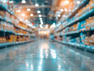 Blurry grocery aisle with stocked shelves