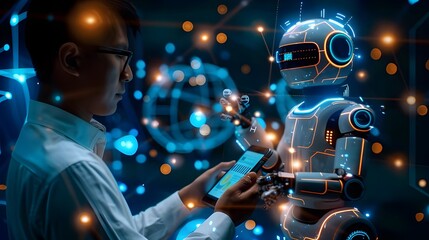 Businessman using artificial intelligence chat virtual smartphone chatbot, instant messenger and translate mobile device smart digital customer service application. Futuristic advanced high technology