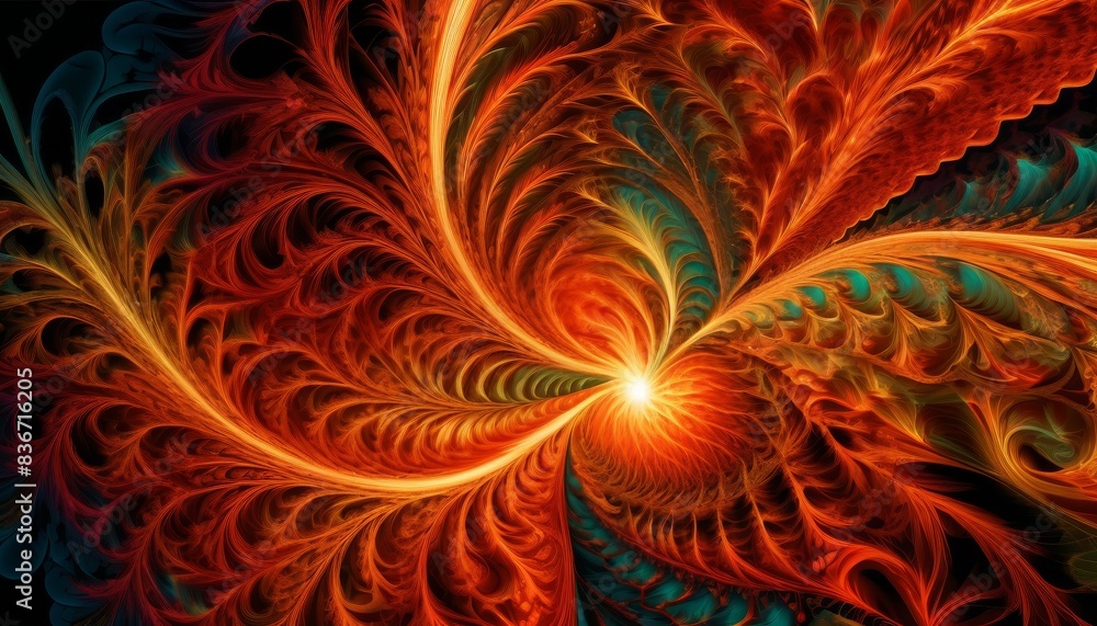 Poster vibrant fractal artwork showcasing a stunning explosion of warm orange and red tones, with intricate