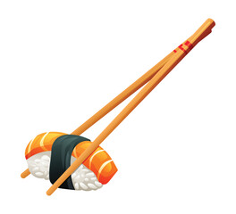 A piece of sushi held with chopsticks. Japanese food vector illustration