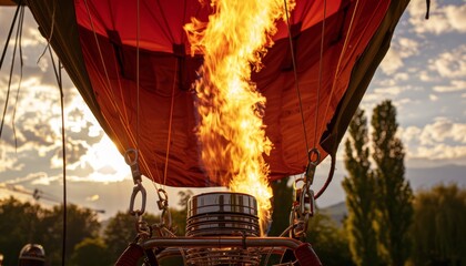 Obraz premium Ethereal Farewell: The Ephemeral Flame of a Departing Hot Air Balloon in Cavriago, Italy