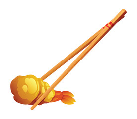A piece of tempura shrimp held with chopsticks. Japanese food vector illustration