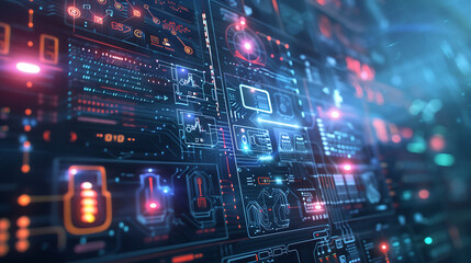 abstract digital background with futuristic security icons and data visualizations, in the style of cyberpunk, blue glowing light effects on the dark background, high tech, cyber security concept