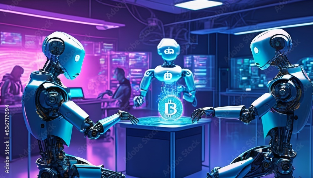 Poster three humanoid robots interacting with a glowing bitcoin symbol in a high-tech lab with blue and pur