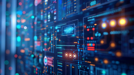 abstract digital background with futuristic security icons and data visualizations, in the style of cyberpunk, blue glowing light effects on the dark background, high tech, cyber security concept