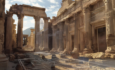 Fototapeta premium Augmented reality (AR) technology used to preserve and explore ancient cultural heritage sites. The AR interface overlays detailed historical information and virtual reconstructions