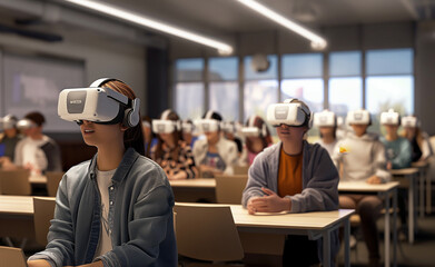 Classroom of students is fully engaged in a modern learning experience, each wearing VR headsets, immersed in an interactive educational environment. 
