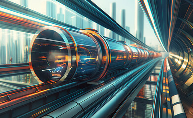 Photorealistic depiction of a hyperloop transportation system in action, featuring a sleek, high-speed pod gliding through a transparent tube amidst a futuristic cityscape with advanced infrastructure