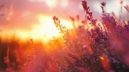 Fototapeta premium Sunrise over a moor with wild heather.