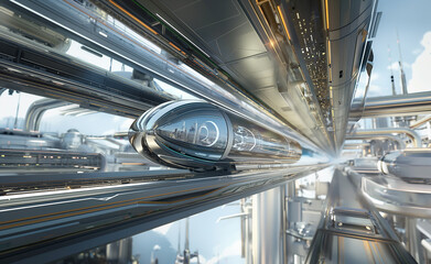 Fototapeta premium Photorealistic depiction of a hyperloop transportation system in action, featuring a sleek, high-speed pod gliding through a transparent tube amidst a futuristic cityscape with advanced infrastructure
