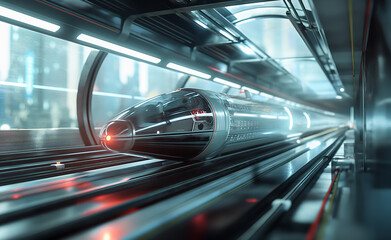 Photorealistic depiction of a hyperloop transportation system in action, featuring a sleek, high-speed pod gliding through a transparent tube amidst a futuristic cityscape with advanced infrastructure