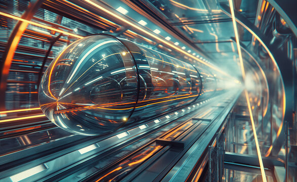 Photorealistic depiction of a hyperloop transportation system in action, featuring a sleek, high-speed pod gliding through a transparent tube amidst a futuristic cityscape with advanced infrastructure