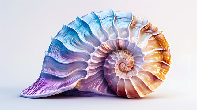 Spiral Sea shell in abstract spectrum neon colors on soft colorful backdrop.