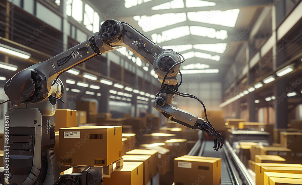 Poster busy warehouse, automating the unloading and sorting of packages. the photorealistic depiction captu