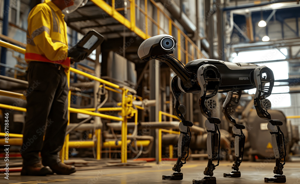 Aufkleber industrial setting where a robot equipped with advanced technology interacts with a human worker.