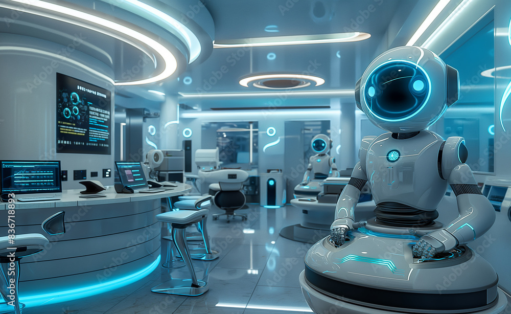 Poster futuristic corporate office where ai systems automate various business processes, featuring ai-drive