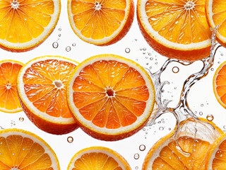 Oranges in splashes of water. Orange slices in a splash of water on white. View from above