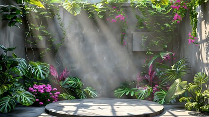 Outdoor podium background set in a picturesque garden. Lush greenery and colorful flowers surround the podium. Natural sunlight with dappled shadows creates a serene setting