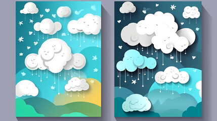 Obraz premium Vertical posters set with fluffy clouds. Weather forecast app widgets. Thunderstorm, rain, sunny day, night and winter snow.Paper cut style.