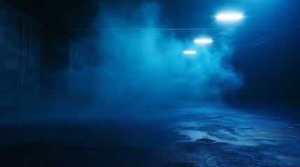 Fototapeta premium Dimly lit industrial interior with blue fog and bright overhead lights creating an eerie atmosphere in a spacious, empty room.