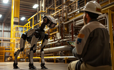 Industrial setting where a robot equipped with advanced technology interacts with a human worker. 