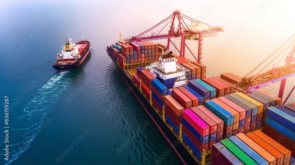 Sticker Aerial view of a large cargo ship loaded with colorful shipping containers being guided by a smaller vessel in a calm sea.