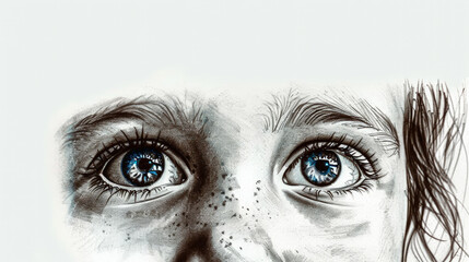 Fototapeta premium Close-up on blue grey eyes charmingly beautiful young girl with piercing gaze. Feeling of carefully drawn, with smallest details of beautiful attractive mysterious female eyes. Pencil sketch.