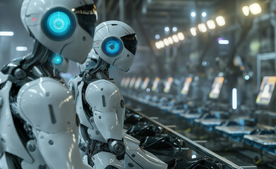 Fototapeta premium Futuristic manufacturing plant where AI-powered robots, equipped with advanced computer vision systems, inspect and assemble products with incredible precision.