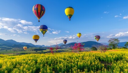 Naklejka premium Up, Up, and Away: Hot Air Balloons Soar Over Chiang Rai's Flower Fields