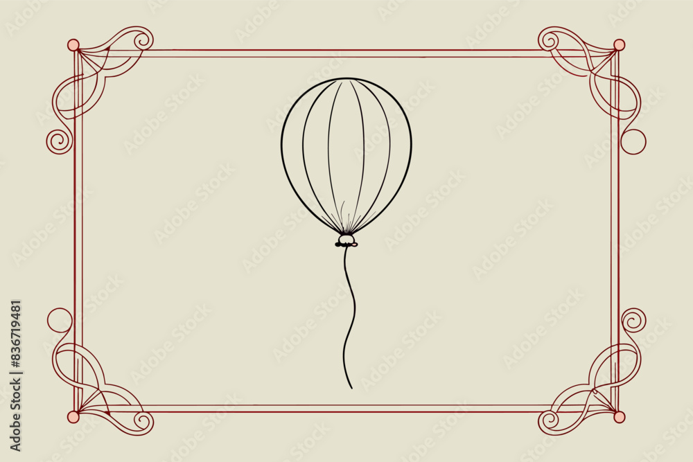 Poster a balloon with a string attached to it, Minimal line art frame encasing a single, inflated birthday balloon with a decorative pattern
