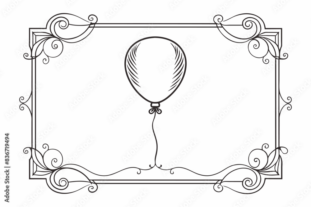 Poster a balloon with a string attached to it, Minimal line art frame encasing a single, inflated birthday balloon with a decorative pattern