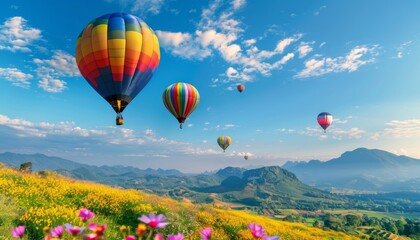 Fototapeta premium Enchanting Views: Hot Air Balloons Soar Over Chiang Rai's Yellow Flower Fields
