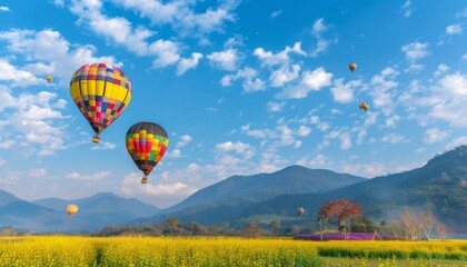Obraz premium Up, up, and away: Hot air balloons soar over Chiang Rai's stunning flower fields