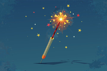 a sparkler with stars on it, Textured paper background with a single, delicate birthday candle casting a warm glow