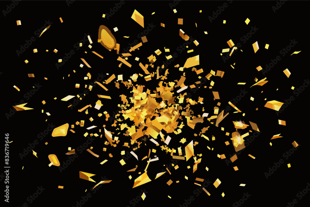 Poster a black background with a gold explosion, confetti explosion rendered in metallic gold flakes on a b