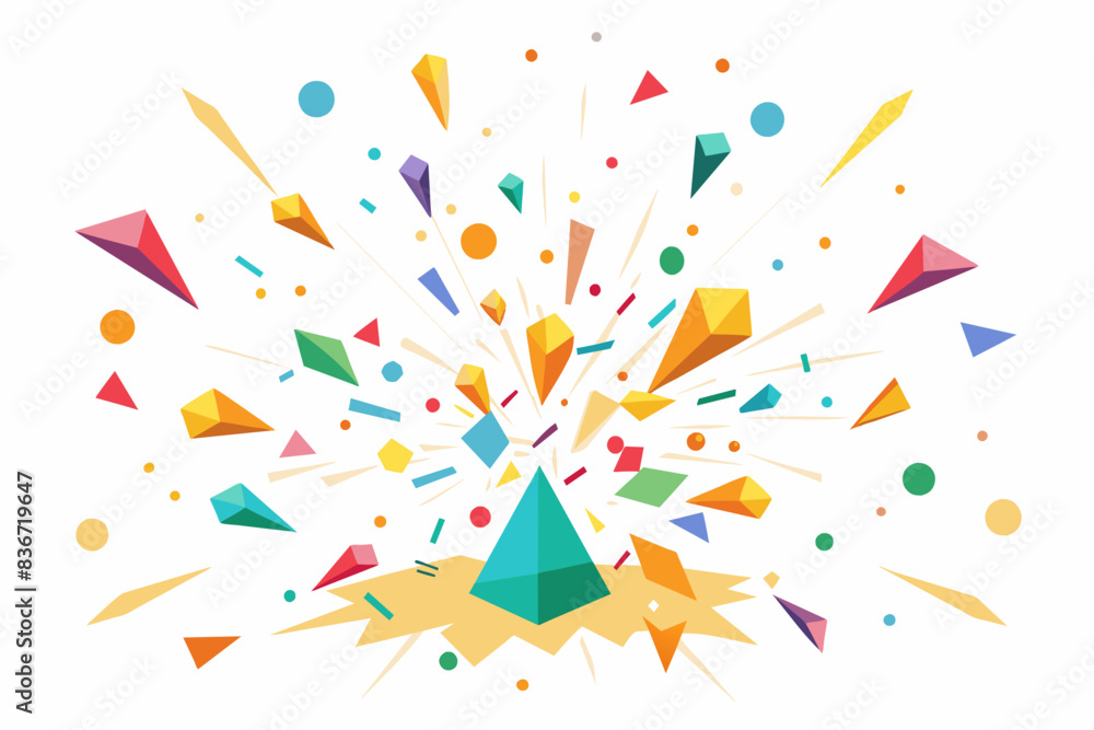 Poster a colorful abstract design with geometric shapes, confetti explosion rendered in simple geometric sh