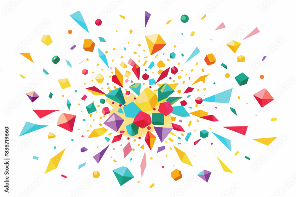 Poster a colorful abstract design with geometric shapes, Confetti explosion rendered in simple geometric shapes on a clean white background