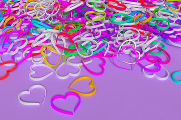 Multicolored Hearts on Pink background. 3d Rendering