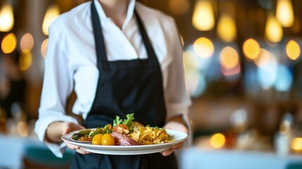 A server in a restaurant carrying a plate of assorted appetizers including vegetables, chips, and cured meats against a background of warm, blurred lights.