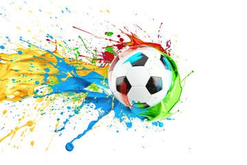 soccer ball splashing into color paint, isolated on white or transparent png
