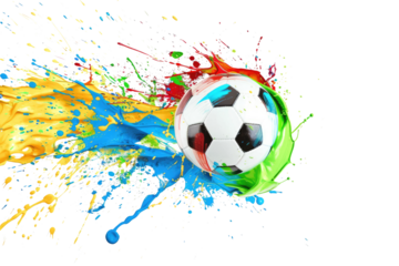 soccer ball splashing into color paint, isolated on white or transparent png