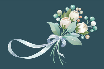 a bouquet of flowers with a ribbon on a blue background, A watercolor illustration of a wedding bouquet tied with a flowing white ribbon and a single pearl